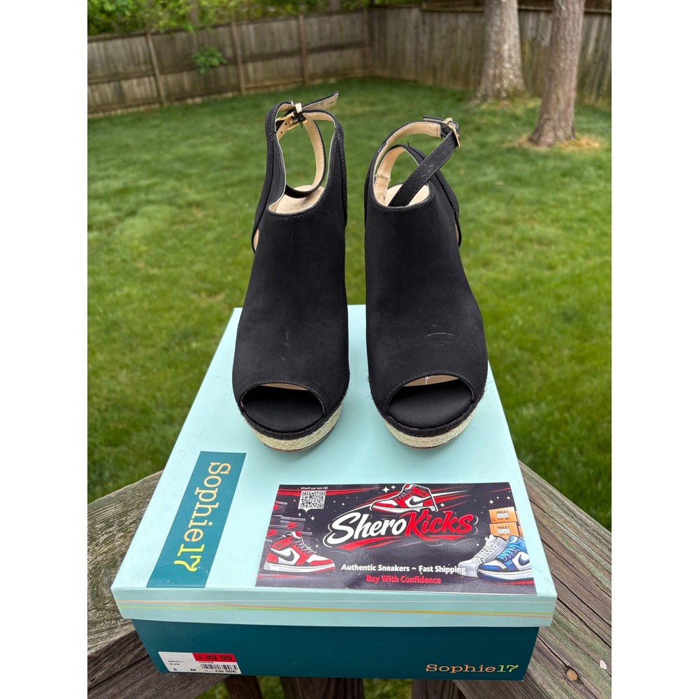 Sophie17 Peacock Black Faux Suede Embroidered Wedge Sandal Platform Heels Size 8